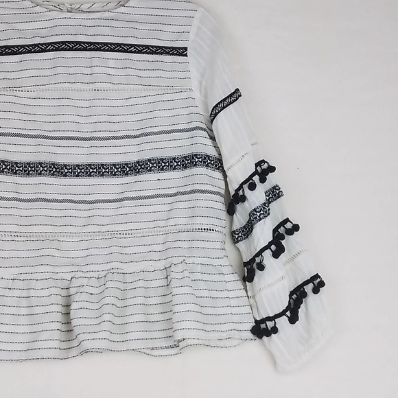 ZARA Boho Blouse Size Small in Black White Stipes w/ Pom Pom fringe‎ - Picture 4 of 11